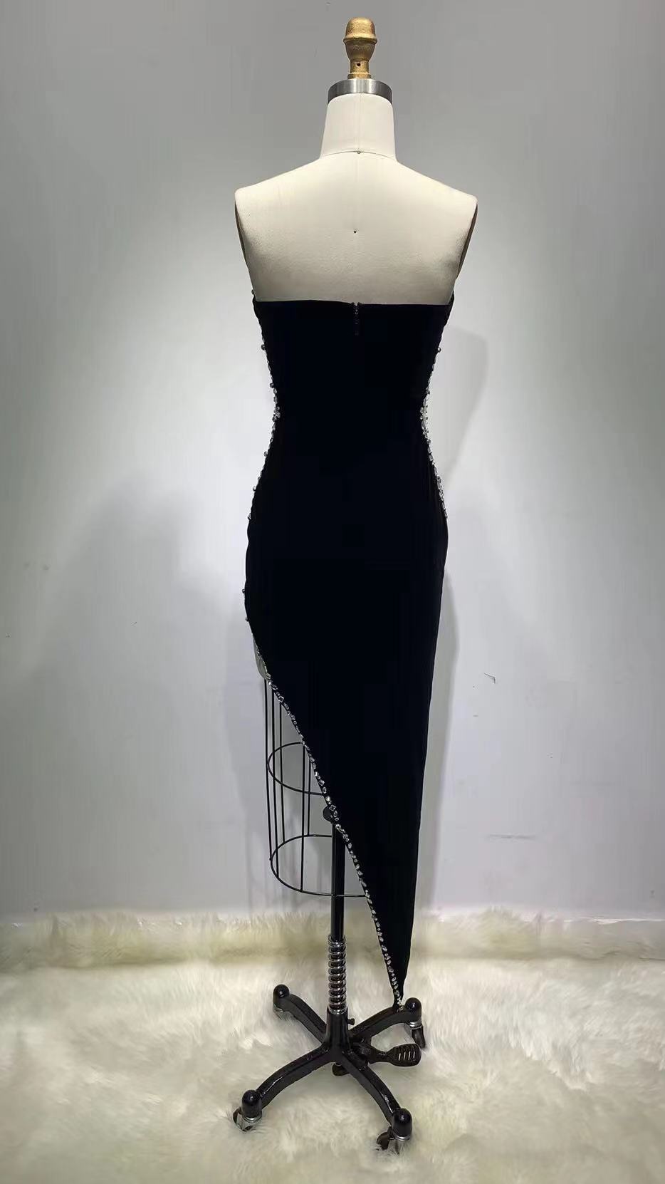 Massjifashion Black V neck Sexy Diamond irregular dress