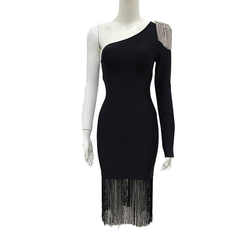 Massjifashion One Shoulder Bodycon Dress with Fringe