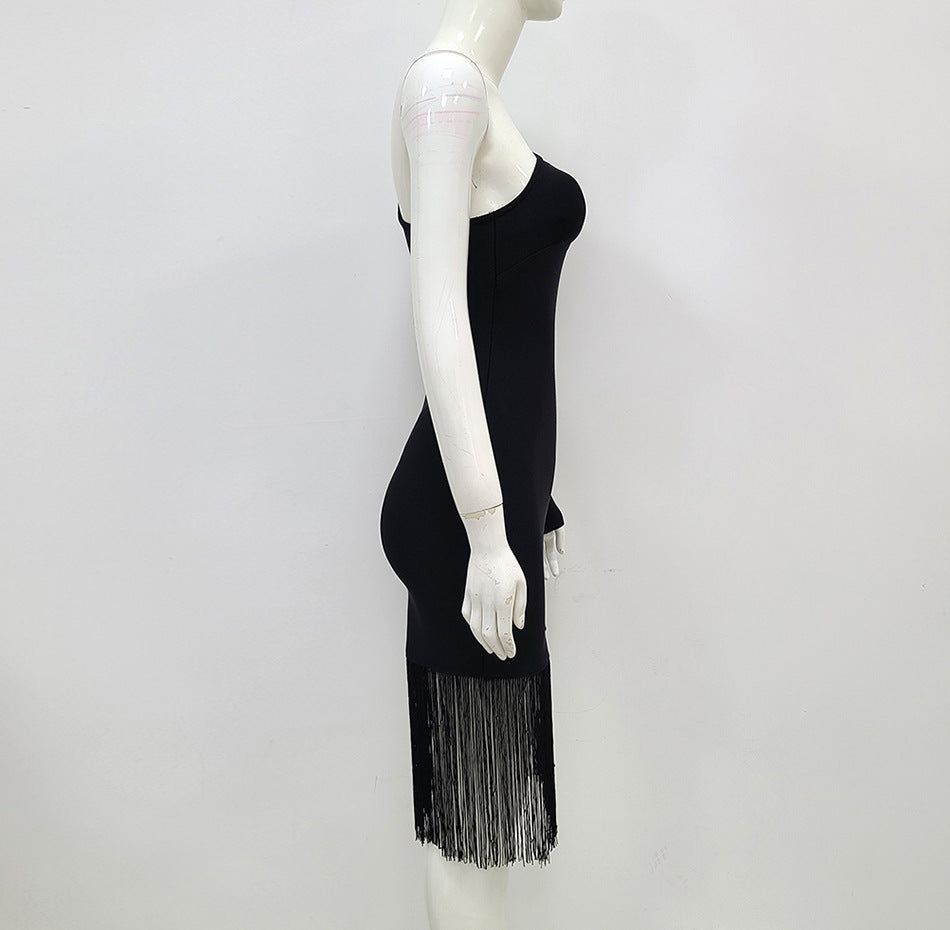 Massjifashion One Shoulder Bodycon Dress with Fringe
