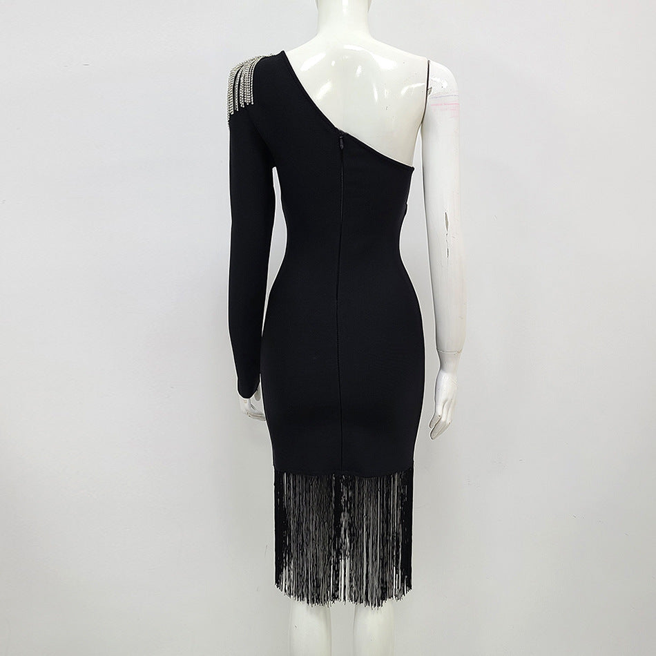 Massjifashion One Shoulder Bodycon Dress with Fringe