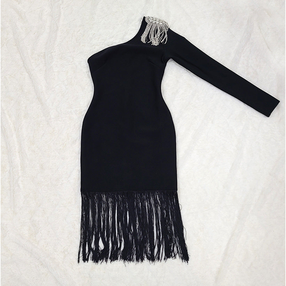 Massjifashion One Shoulder Bodycon Dress with Fringe