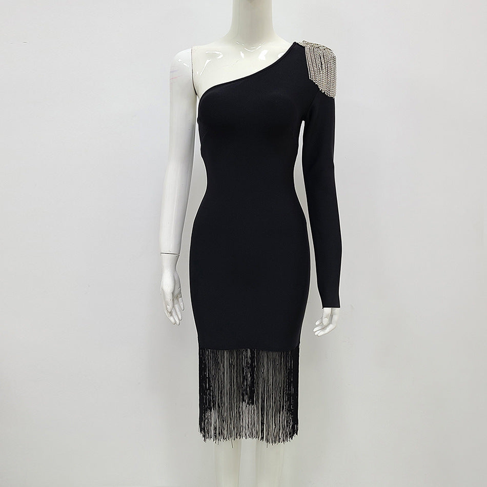 Massjifashion One Shoulder Bodycon Dress with Fringe