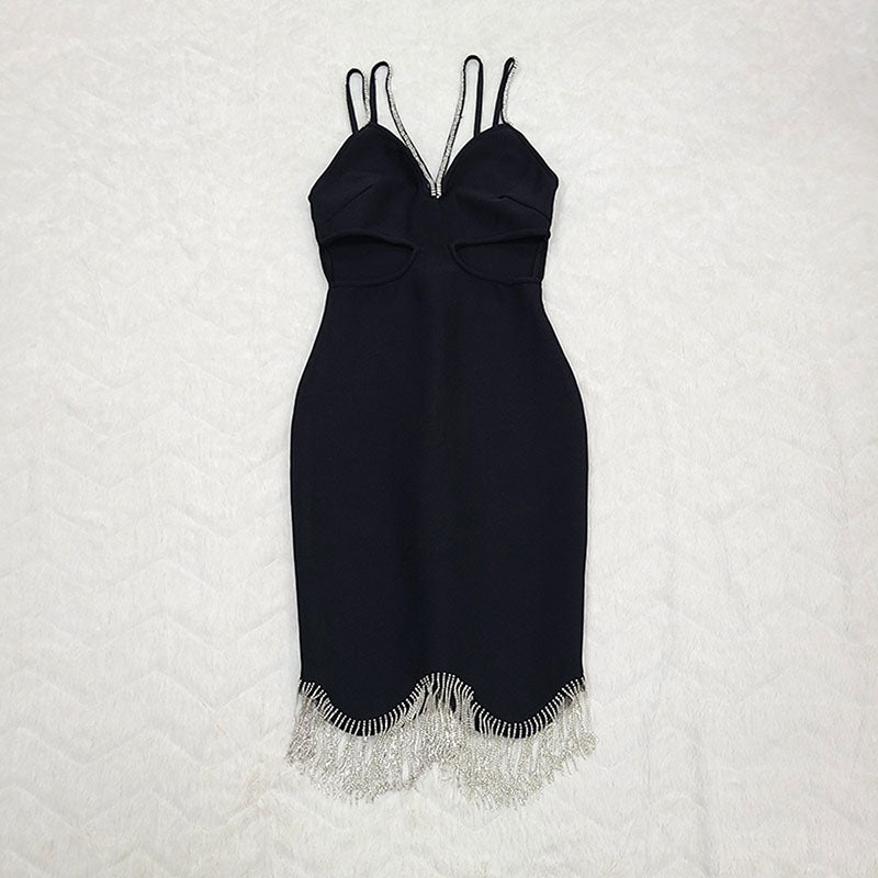 Massjifashion Women Cut-out waist with Diamond shoulder and fringe hem Midi dress