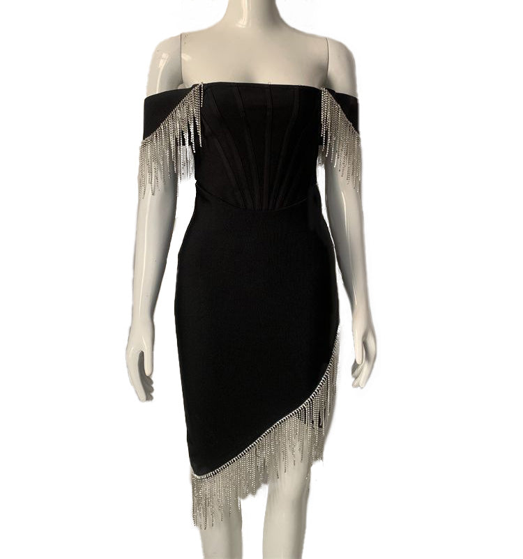 Massjifashion Women Off-the-shoulder bandage dress with tassels