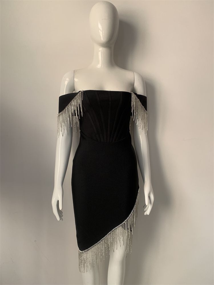 Massjifashion Women Off-the-shoulder bandage dress with tassels