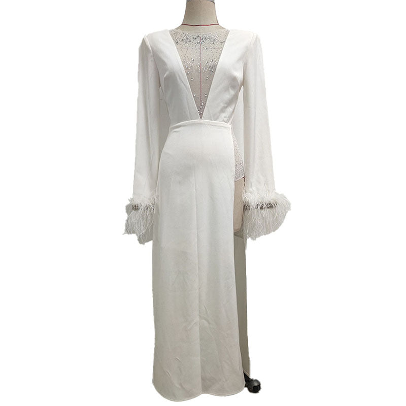 Massjifashion OEM Women diamond v neck Feather cuff Maxi dress