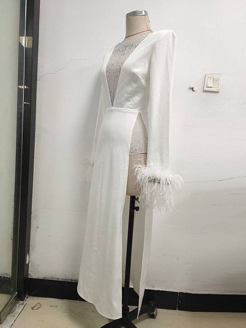 Massjifashion OEM Women diamond v neck Feather cuff Maxi dress