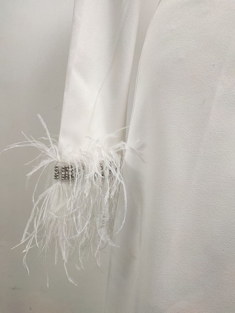 Massjifashion OEM Women diamond v neck Feather cuff Maxi dress