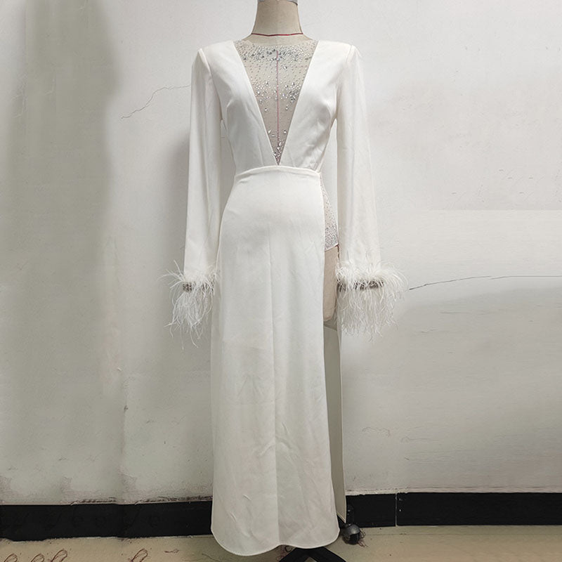 Massjifashion OEM Women diamond v neck Feather cuff Maxi dress
