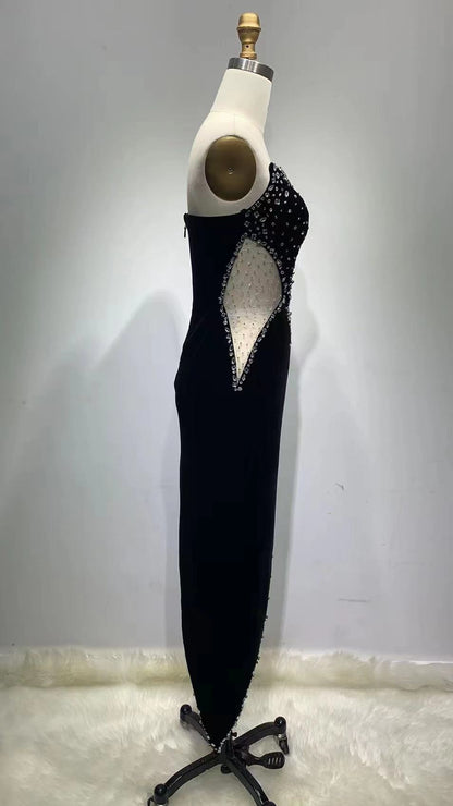 Massjifashion  Black V neck Sexy Diamond irregular dress